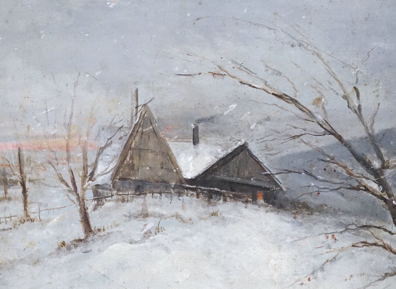 T. Baines, oil on canvas, Spanish town square, signed, 40 x 50cm, an oil on board of a cottage in winter, 24 x 33cm, and an Italian oil street scene, 52 x 67cm